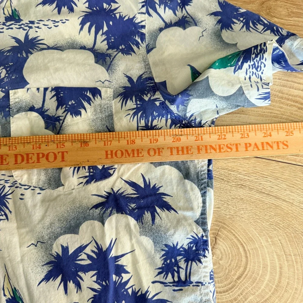 J.Crew Popover Polo Shirt Mens M Blue Tropical Sailboat Palm Tree Short Sleeve